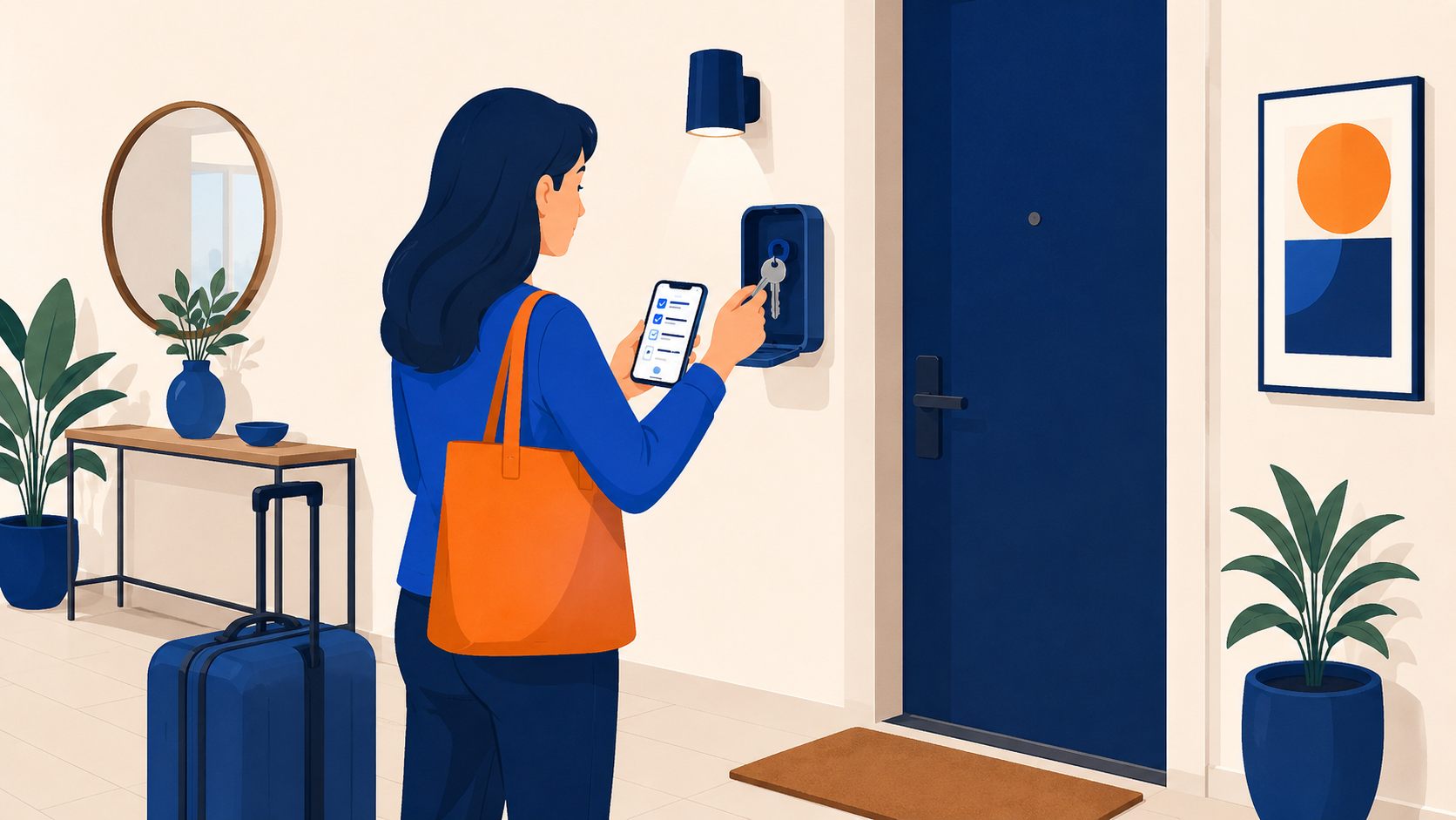 Voyageuse en arrivée autonome récupérant la clé d'un Airbnb dans une boîte à clés, liste de vérification sur smartphone