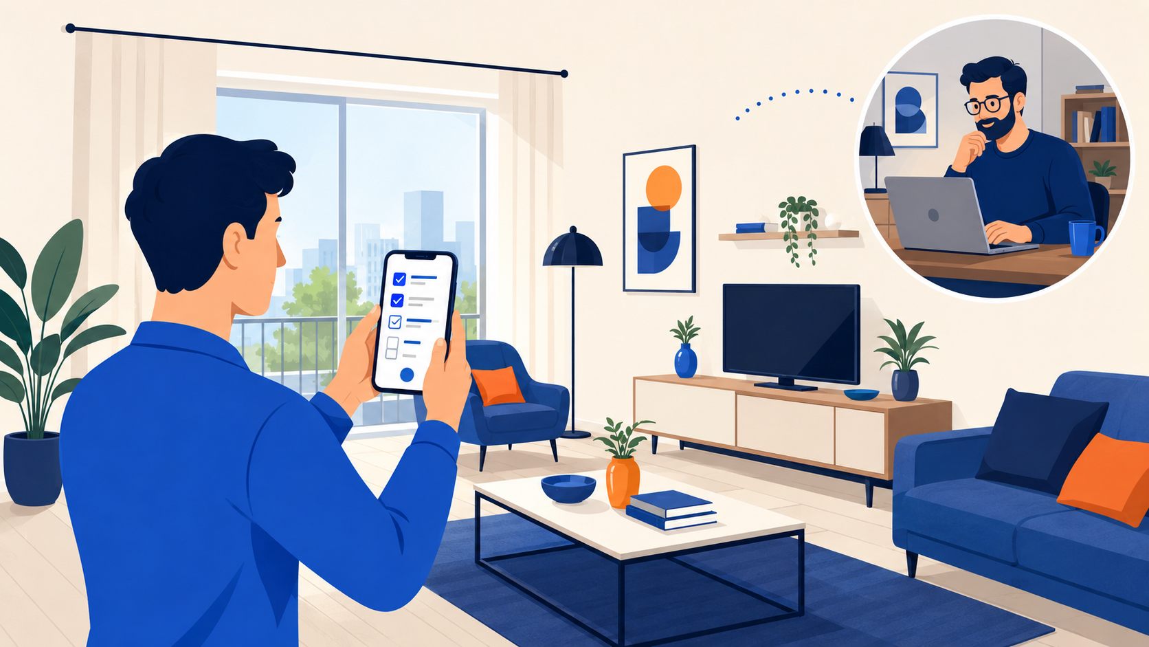 Locataire réalisant un état des lieux à distance sur son smartphone pendant que le propriétaire suit l'avancement