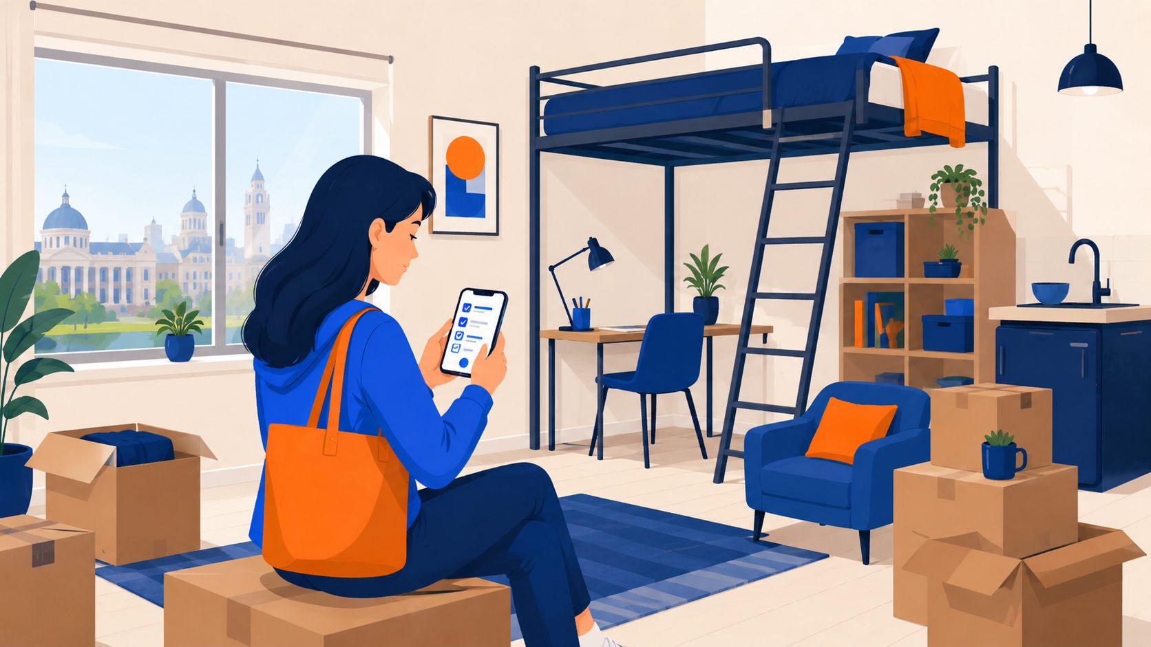 Étudiante remplissant l'état des lieux d'entrée de son studio sur smartphone le jour de l'emménagement