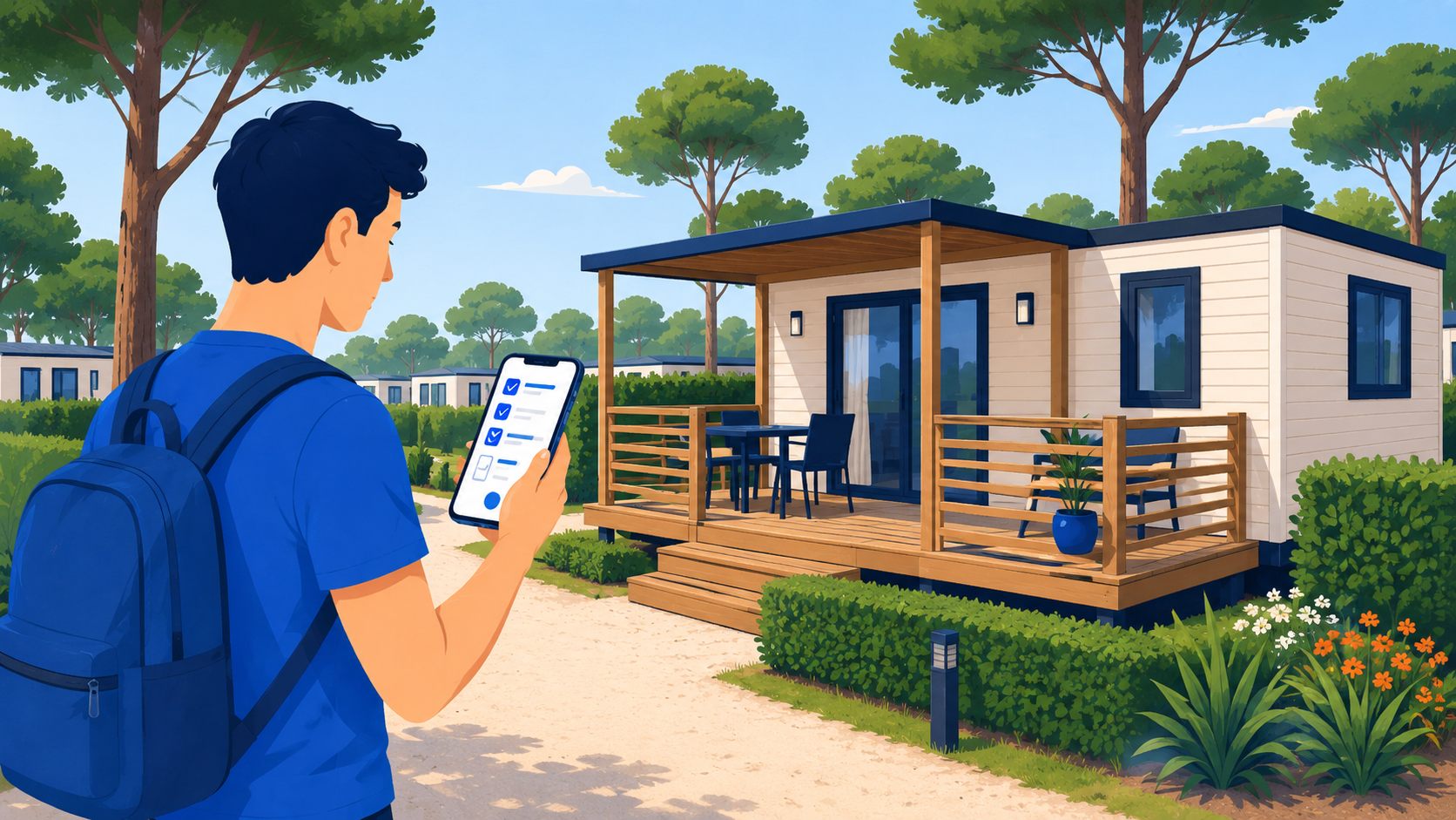 Vacancier devant un mobil-home de camping remplissant un état des lieux sur son téléphone