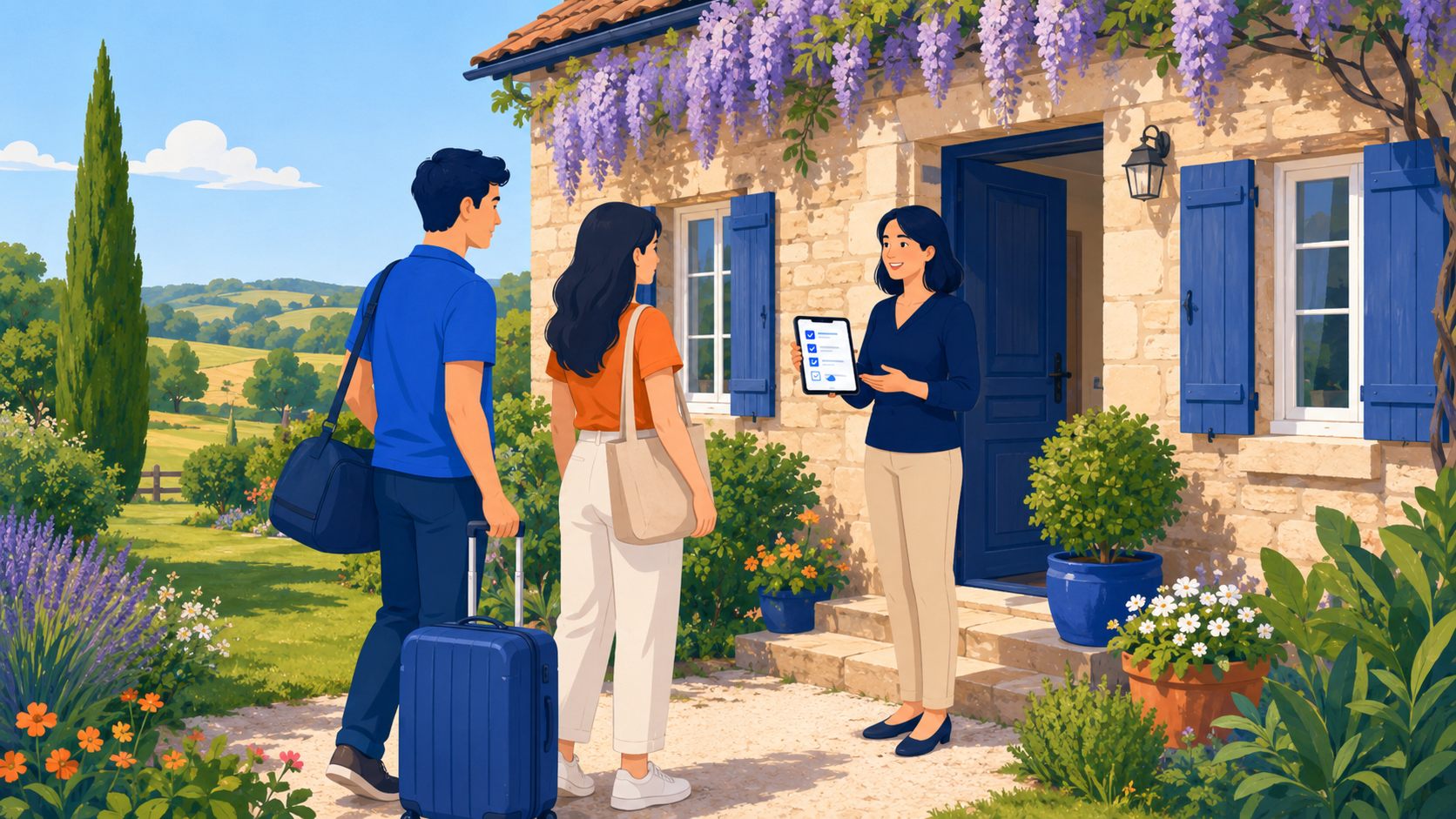 Propriétaire de gîte présentant l'inventaire d'arrivée sur tablette à des voyageurs
