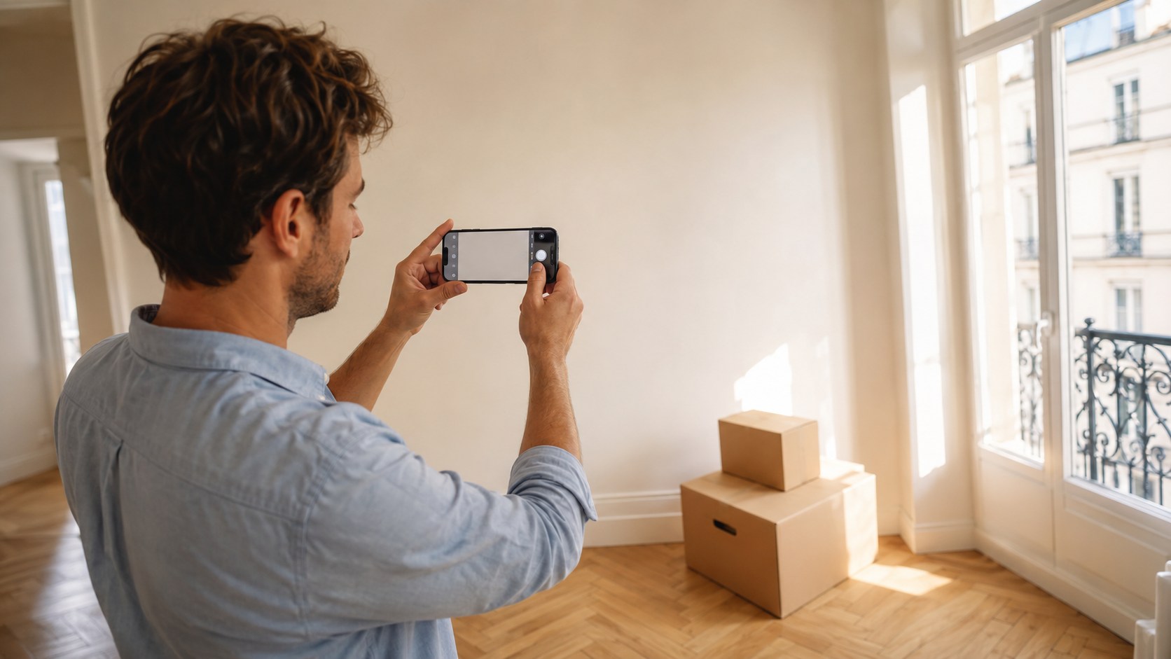 Bailleur photographiant l'état d'un mur au smartphone dans un appartement en cours d'emménagement