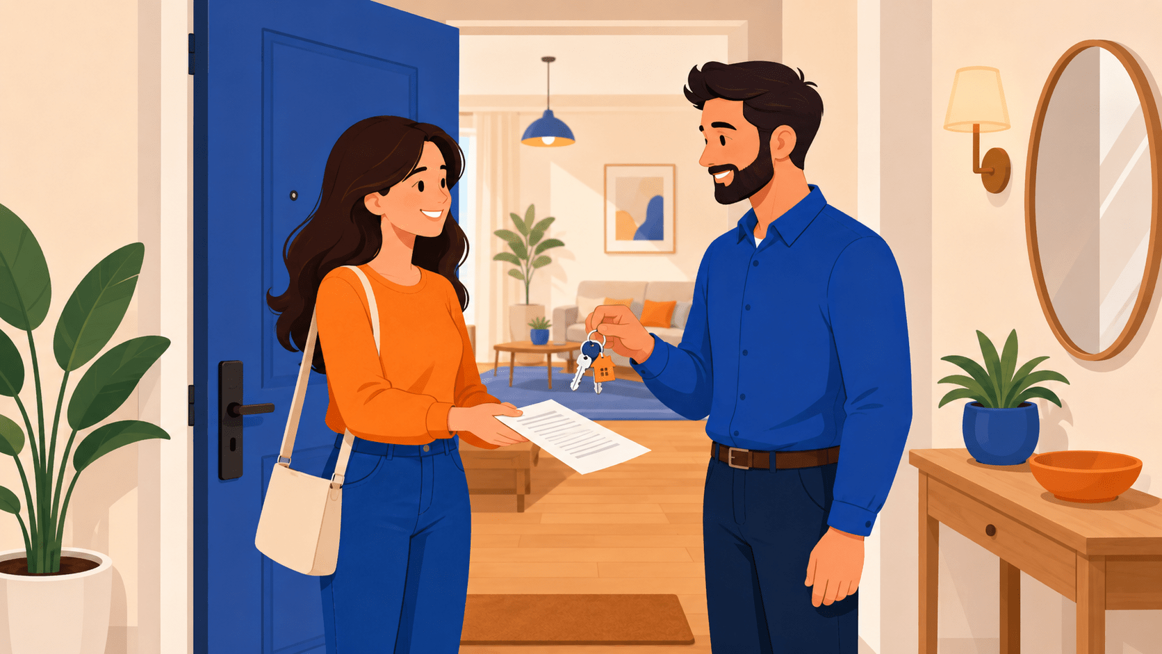 Locataire remettant son attestation d'assurance habitation au propriétaire avant la remise des clés