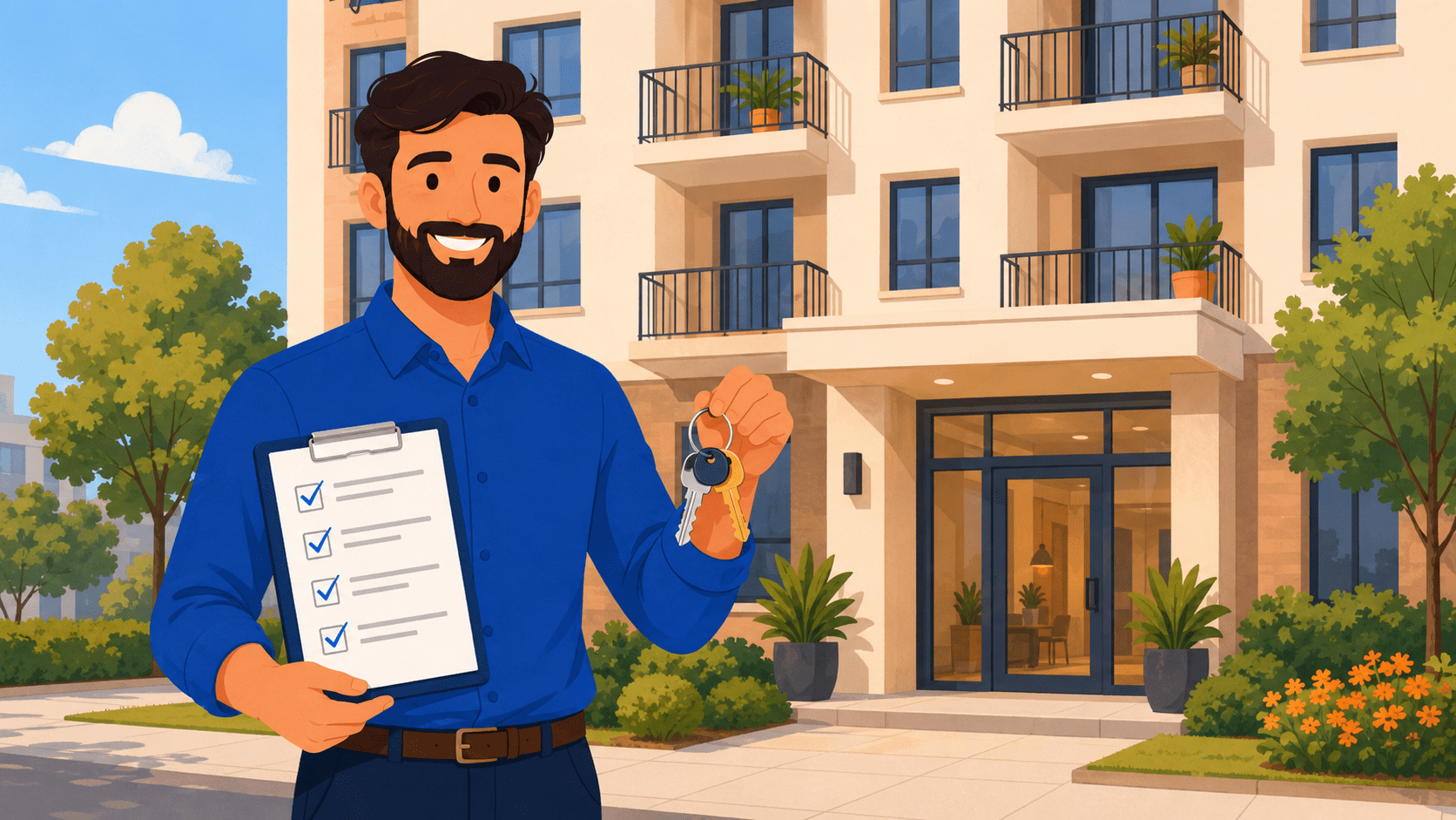 Propriétaire cochant la checklist des étapes de sa première mise en location devant son appartement