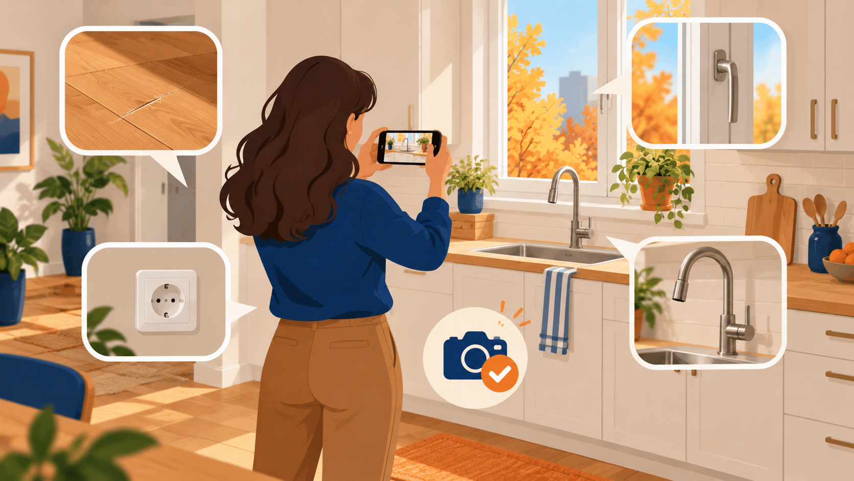 Personne photographiant une cuisine avec son smartphone pour illustrer un état des lieux
